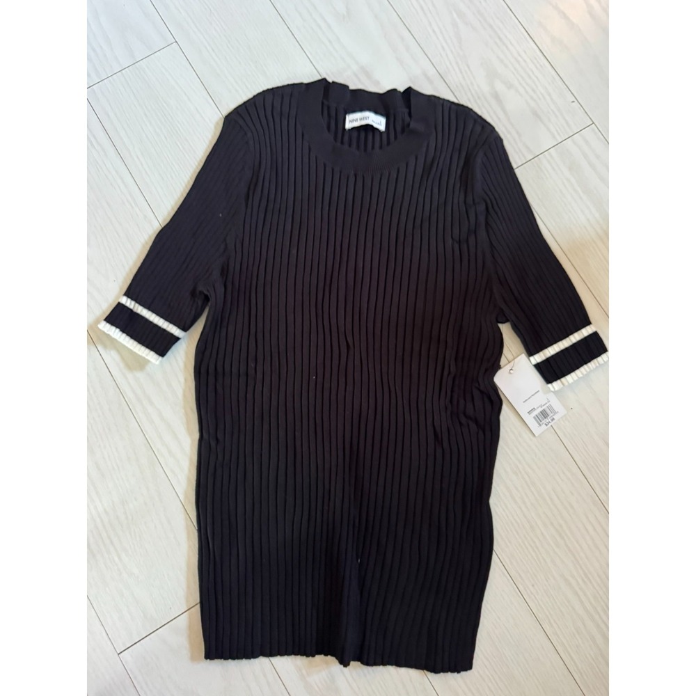 Nine West Black Ribbed Knit Top L White Stripe Cuff 27"x15" Stretch NWT